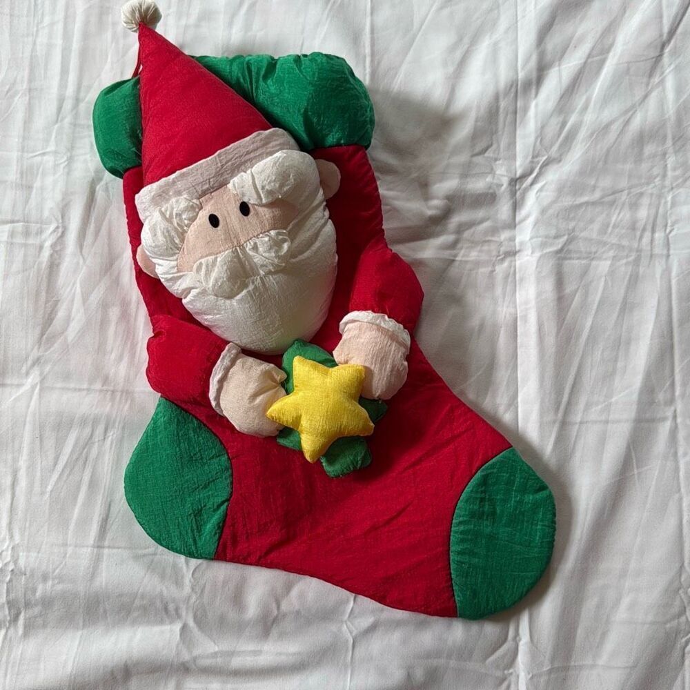 Vintage Christmas Santa stocking nylon‎ parachute material 12”
